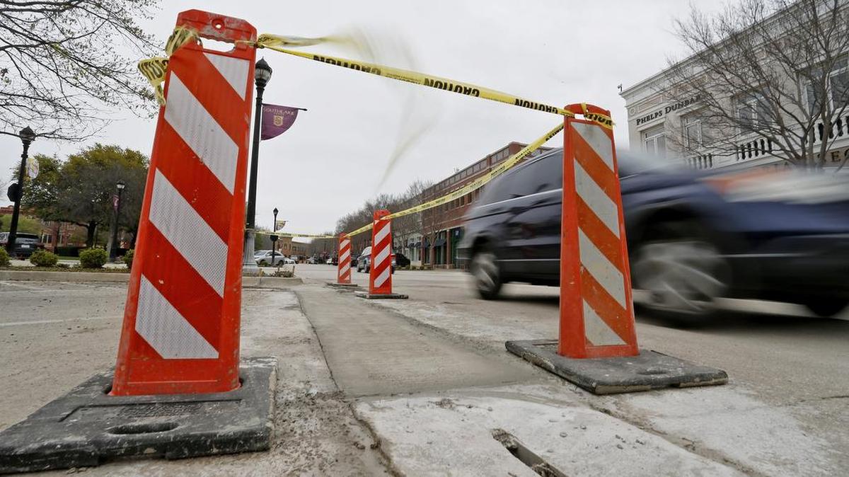 New paving, including sidewalks, parking and curbing, is taking place in Southlake Town Square.