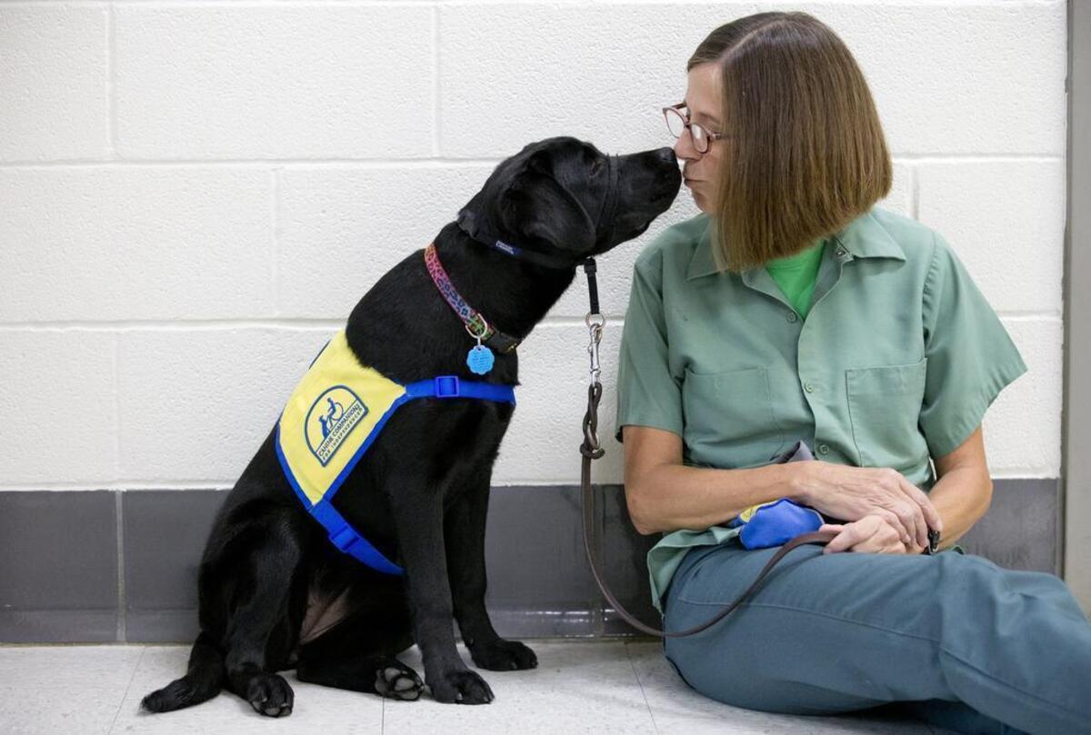 Ginger Lane Holt works with puppy-in-training Wilma at the Federal Medical Center Carswell in Fort Worth.