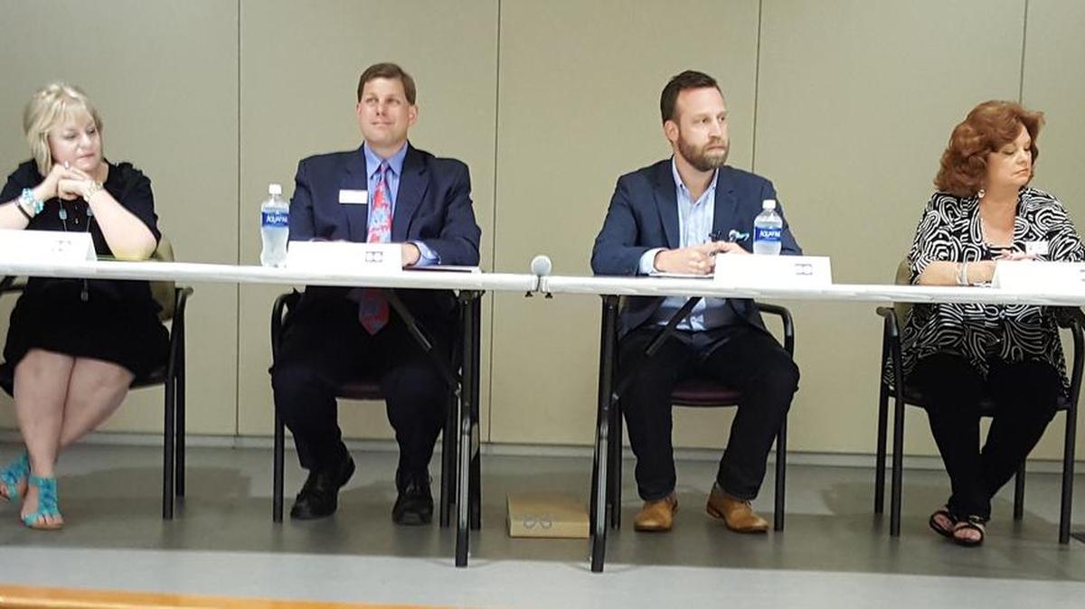 Grapevine City Council candidates at a debate were, from left, Debi Meek, Chris Coy. Cory Huddleston and Duff O’Dell.