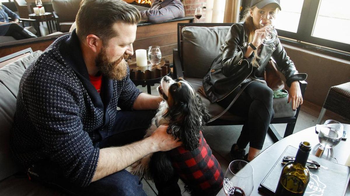 Nick McClanahan gives attention to his dog Sir Henry Winston as he enjoys wine on the dog-friendly patio with his fiancee Lauren Miller at Kent & Co. Wines in Fort Worth last month.