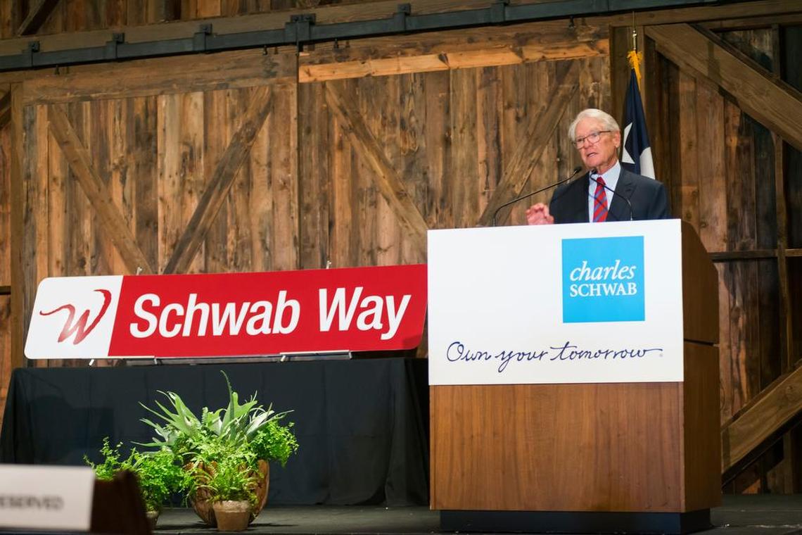 Charles Schwab, founder of the financial services company that bears his name, addresses several dozen North Texas guests Tuesday during a ceremony at Circle T Ranch in Westlake.
