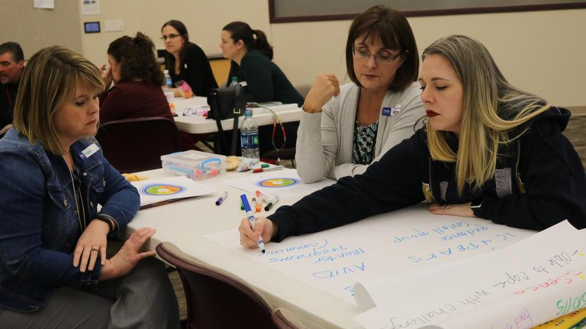 Educators, parents, students and community members met Jan. 31 for the first meeting of the Keller school district’s Social Emotional Learning Committee. From left, Brandy Edwards, a dyslexia specialist, intervention counselor Dana Boyles and teacher Misty Phy list ways Keller schools are addressing students’ social and emotional needs.