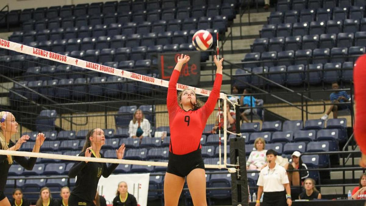 
Margaret Dean sets for Trinity in the Mansfield tournament last Thursday against Keller Fossil Ridge.

