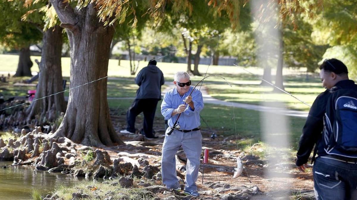 Area residents fish at Chisholm Park in Hurst last fall. The Texas Parks and Wildlife regularly stocks it with trout and catfish.