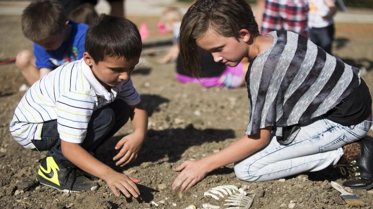 Xavier French and Krista Bagley dig for fossils during Grapevine Parks and Recreation’s Oct. 16 inaugural Fossil Fest at The REC of Grapevine.