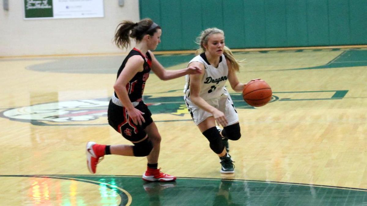 Carroll sophomore Kayla Colan, right, drives past Colleyville Heritage’s Hannah Verdi in Tuesday night’s game.