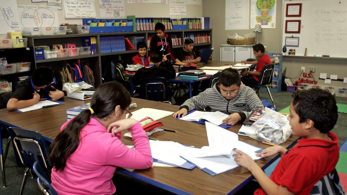 Fifth grade students at Timberline Elementary School study during class.