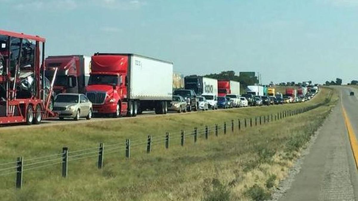 
Traffic is backed up after a triple fatality on Interstate 35 on Saturday afternoon north of Denton.
