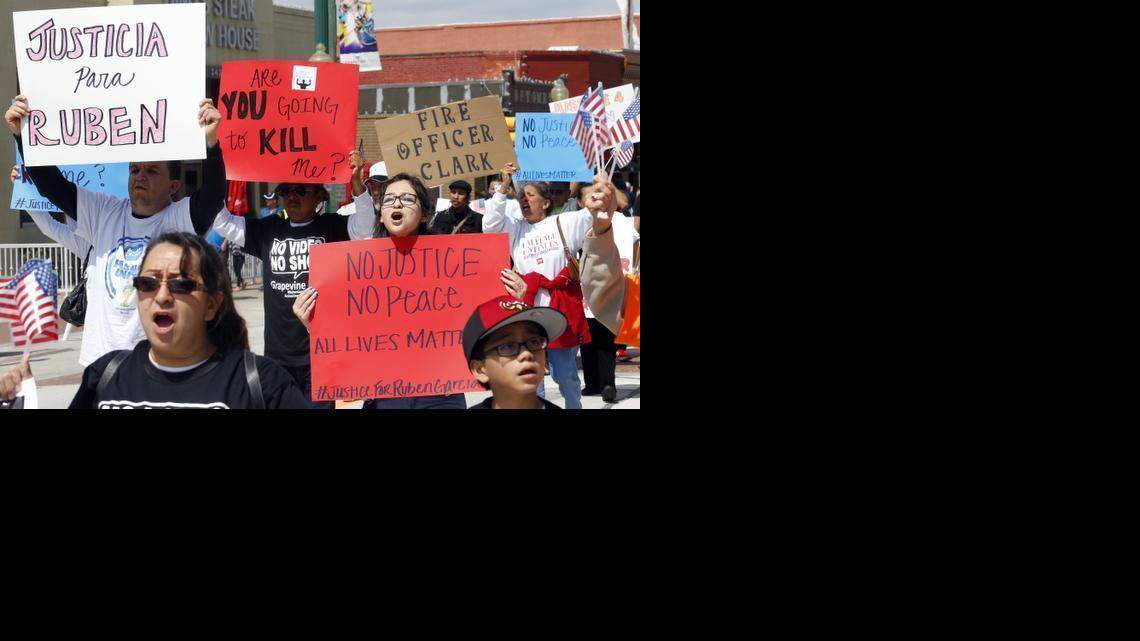 
Marchers participate in a peaceful protest down Main Street in Grapevine Sunday for Ruben Garcia Villalpando who was fatally shot by a Grapevine police officer on Feb. 20. 
