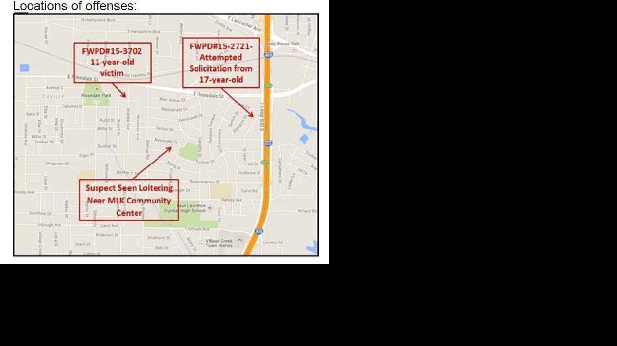 
Detectives are searching for a man who sexually assaulted an 11-year-old boy earlier this month in east Fort Worth. Police believe the same man solicited a 17-year-old boy in separate incident. The map shows where the incidents occurred.
