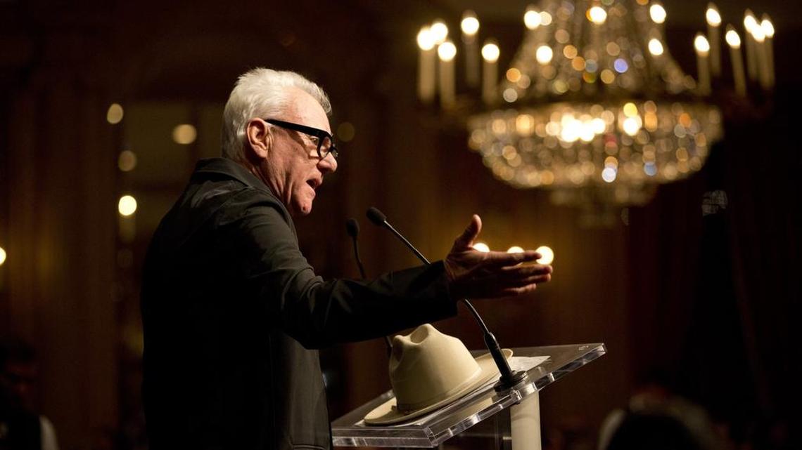 Actor Malcolm McDowell accepts the Lone Star Film Society Achievement in Film Acting Award at the Lone Star Film Festival Ball on Friday, Nov. 6, 2015, at the Fort Worth Club. On the lectern is the Shady Oaks hat he was given.