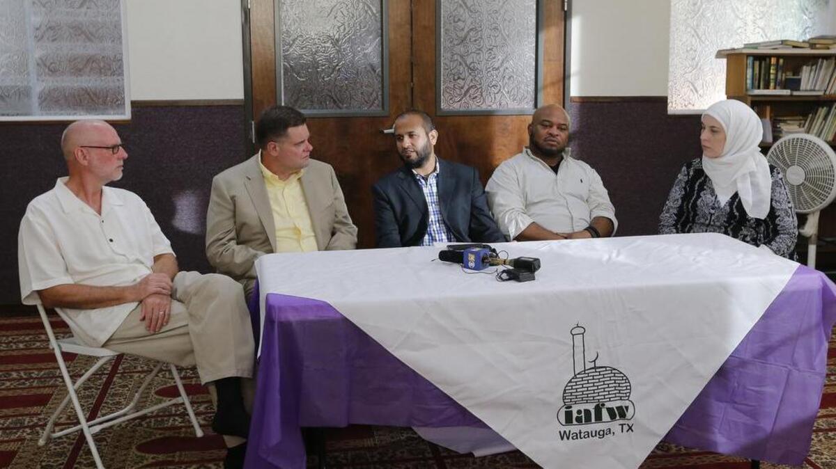 Alia Salem, executive director of Council on American-Islamic Relations for DFW, and other religious leaders hold a press conference at the Masjid Al-Sahaabah mosque in Watauga about the arrest of a man making threats to mosque members on Aug. 24.