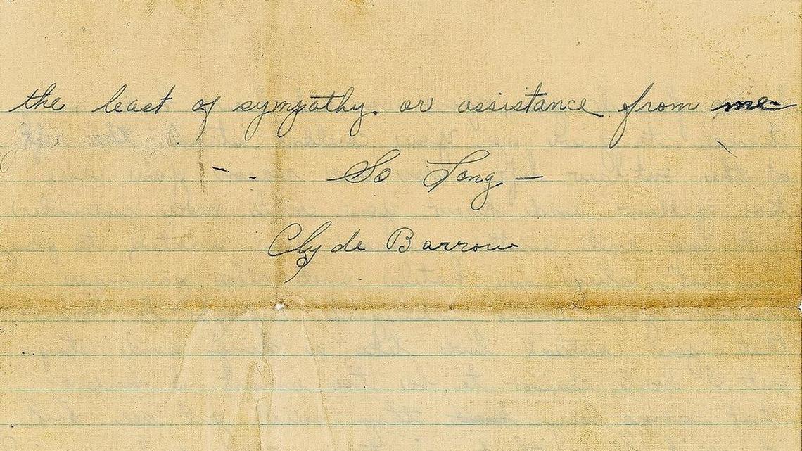 This image provided by RR Auction of Boston shows the last page of an April 1934 letter from Depression-era gangsters Bonnie and Clyde to a former member of their gang they felt had betrayed them. The letter, written in Bonnie Parker's neat cursive and signed by Clyde Barrow, is going up for auction and could fetch more than $40,000 when it's sold in September.