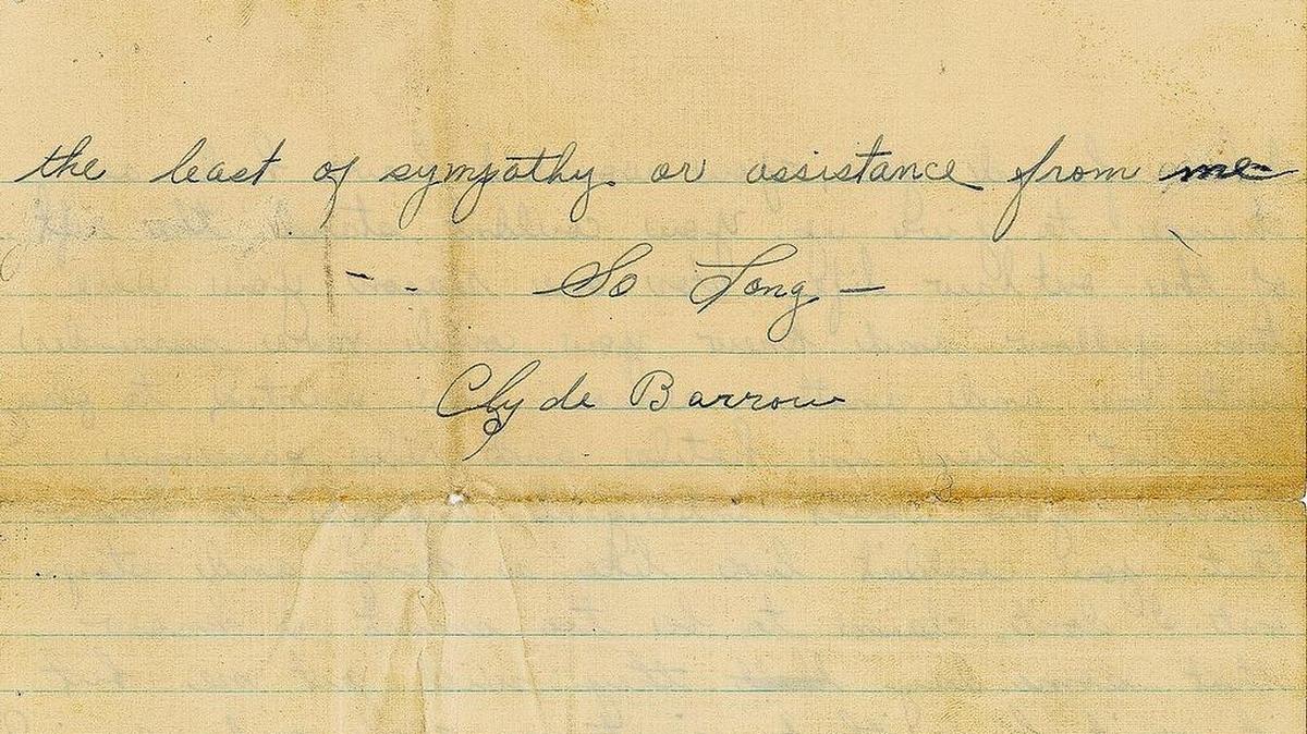 This image provided by RR Auction of Boston shows the last page of an April 1934 letter from Depression-era gangsters Bonnie and Clyde to a former member of their gang they felt had betrayed them. The letter, written in Bonnie Parker's neat cursive and signed by Clyde Barrow, is going up for auction and could fetch more than $40,000 when it's sold in September.