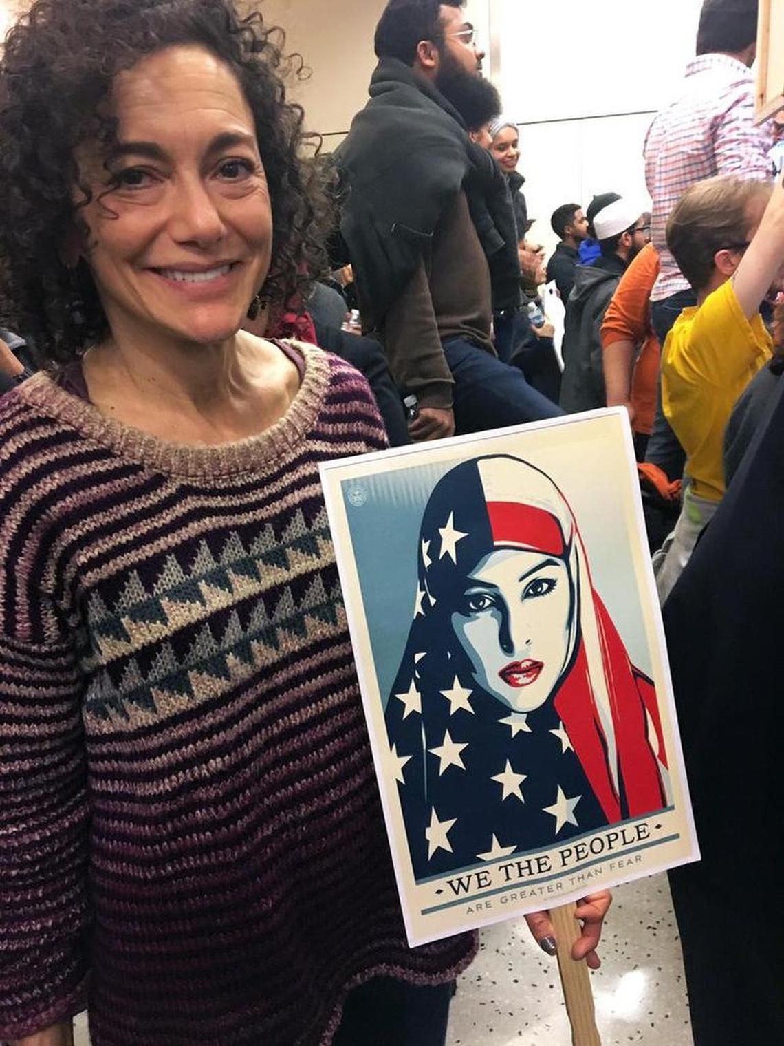 Rabbi Nancy Kasten protests at D/FW International Airport on Jan. 28.