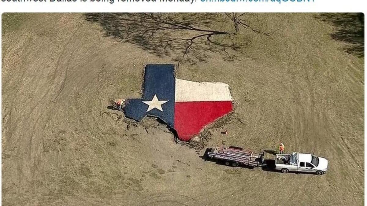 The Texas Department of Transportation is removing the giant state of Texas installation on I-20 in southwest Dallas and resettling it in Grand Prairie.