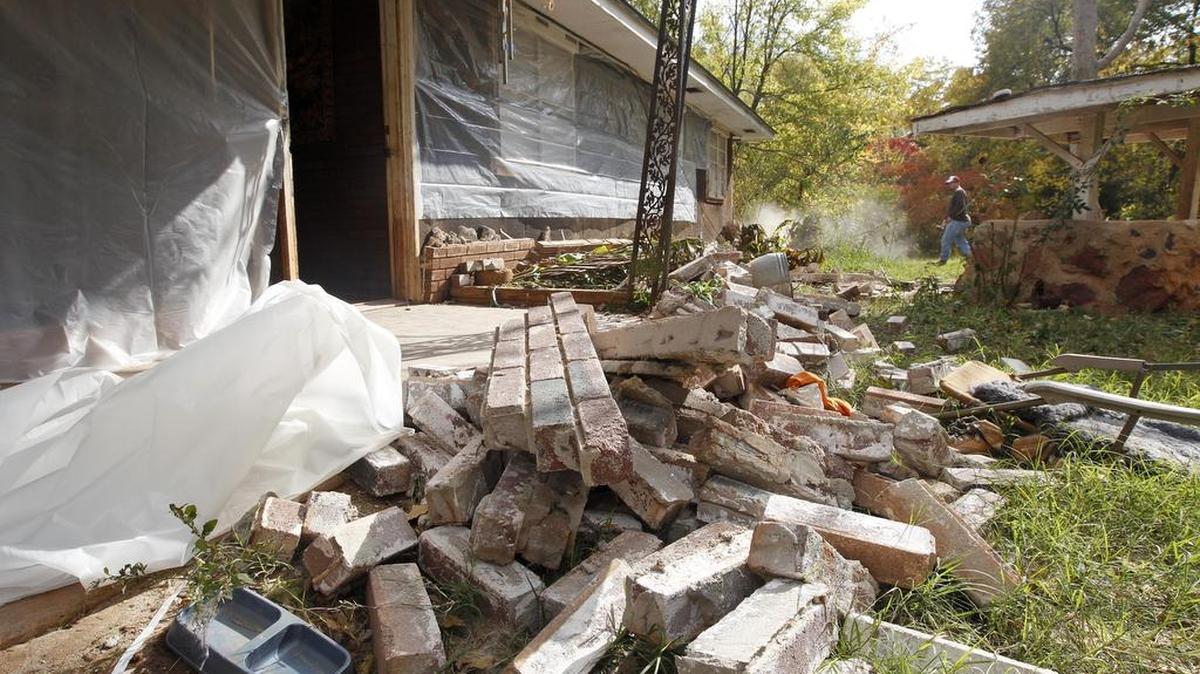 Bricks fell from this home in Sparks, Okla., after three quakes hit the area in less than 24 hours on Nov. 6, 2011.