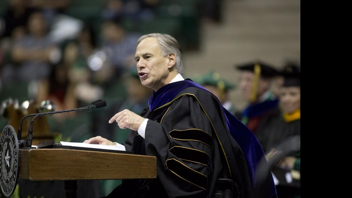 
Gov. Greg Abbott speaks during the graduation ceremony Saturday night at the University of North Texas.

