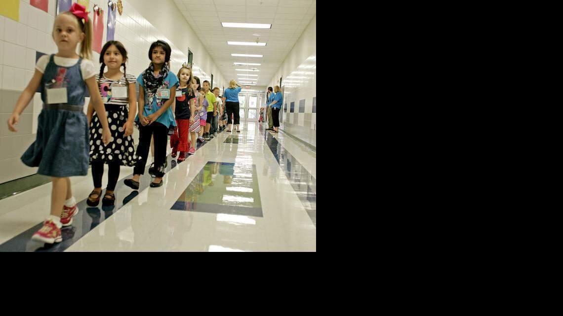 
Texas school districts are hoping to gain greater flexibility for the start date of the school year. Here, students attend the first day of school at Willis Lane Elementary on Aug. 25, 2014.
