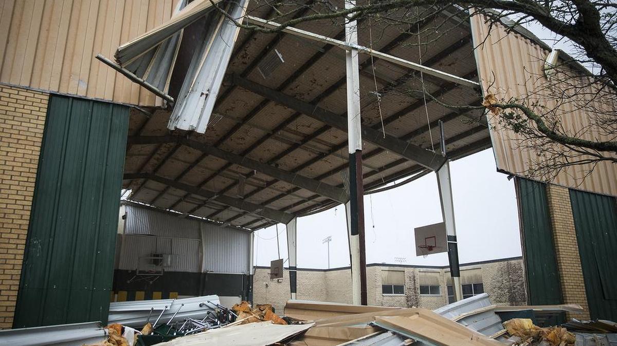 The Rockport-Fulton high school gymnasium walls expose the interior after Hurricane Harvey ripped through Rockport, Texas. The Texas Education Agency is trying to determine the hurricane’s impact on school funding.