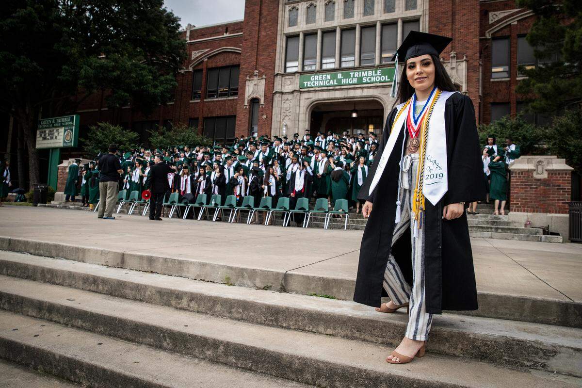 Noemi Barrios Ramirez, 18, is graduating in the top 2% of her class at Trimble Tech High School. She said she overcame homelessness to find academic success. On Friday, she participated in senior day. She is seventh in her class and plans to pursue a nursing degree at TCU.