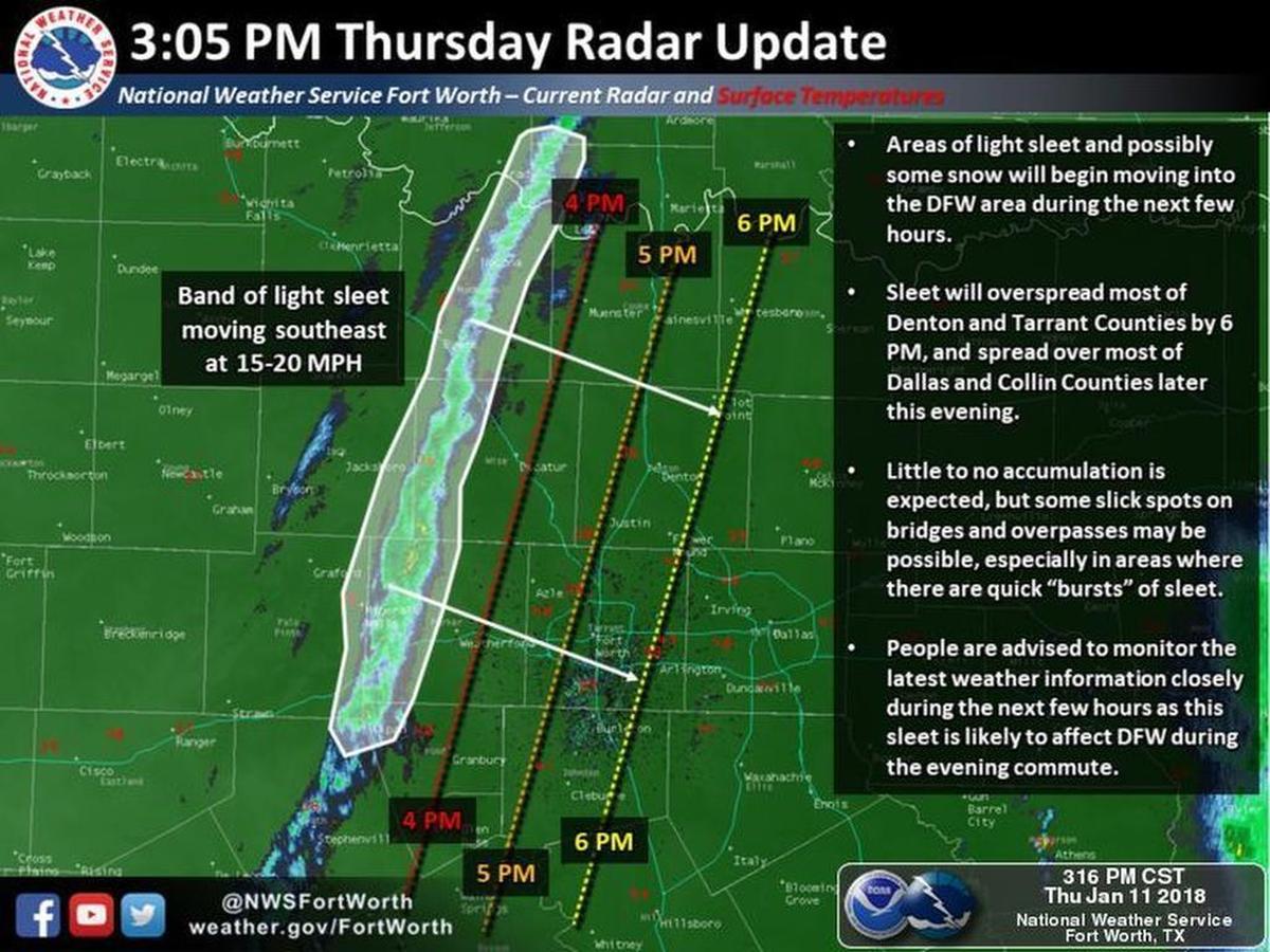 Sleet expected to falling across most of Tarrant County by 6 p.m.