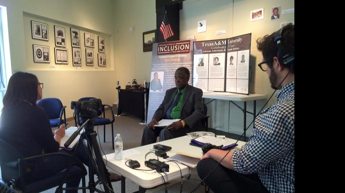 
Research assistants Katherine Bynum and Moises Acuna-Gurrola interviewed Leroy Sterling in Bryan earlier this summer as part of an oral history project on civil rights eras in Texas. Sterling was among the first African American students to attend Texas A&M University in 1963. A project to gather hundreds of oral histories about the civil rights eras in Texas received a $200,000 grant from the National Endowment for the Humanities.
