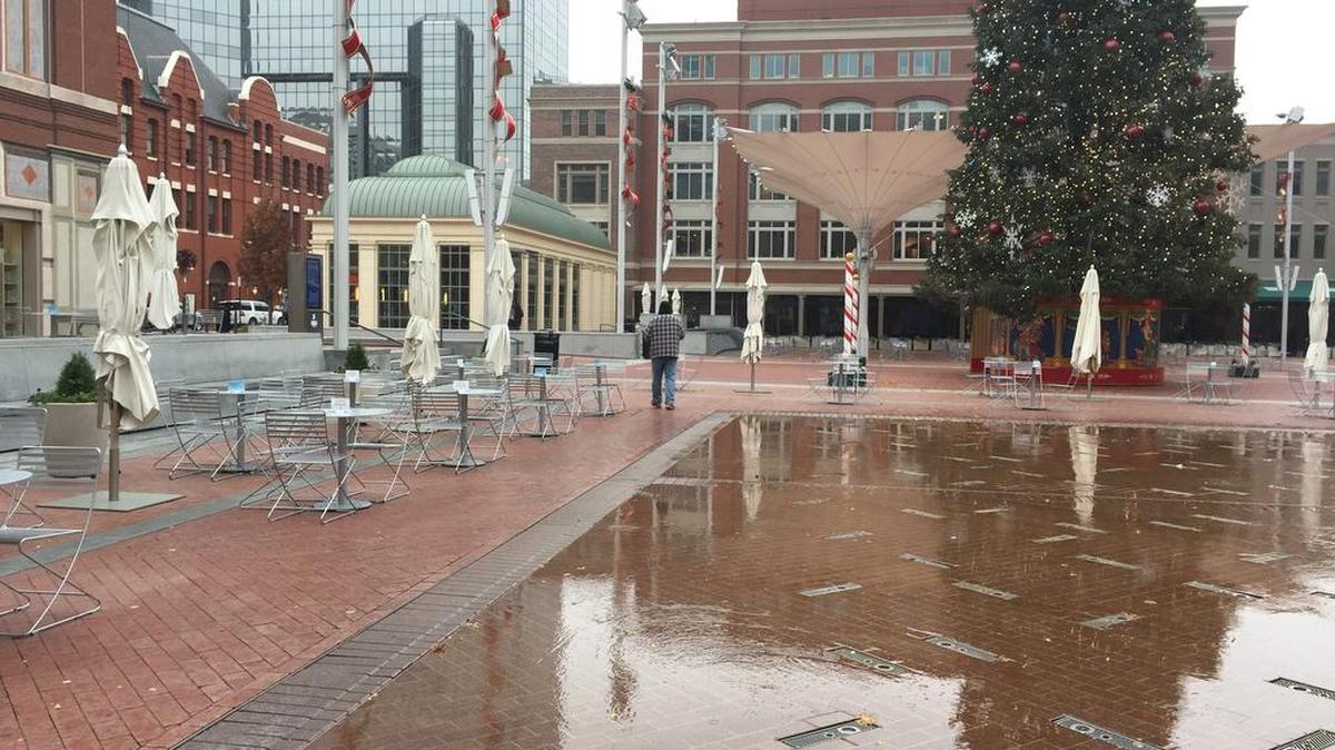 Light drizzle and cold air left Sundance Square Plaza mostly empty on Saturday afternoon.