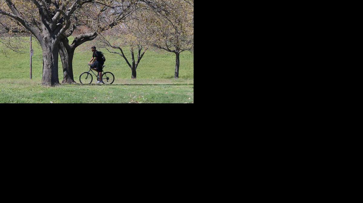 
A cyclist rides through Trinity Park.
