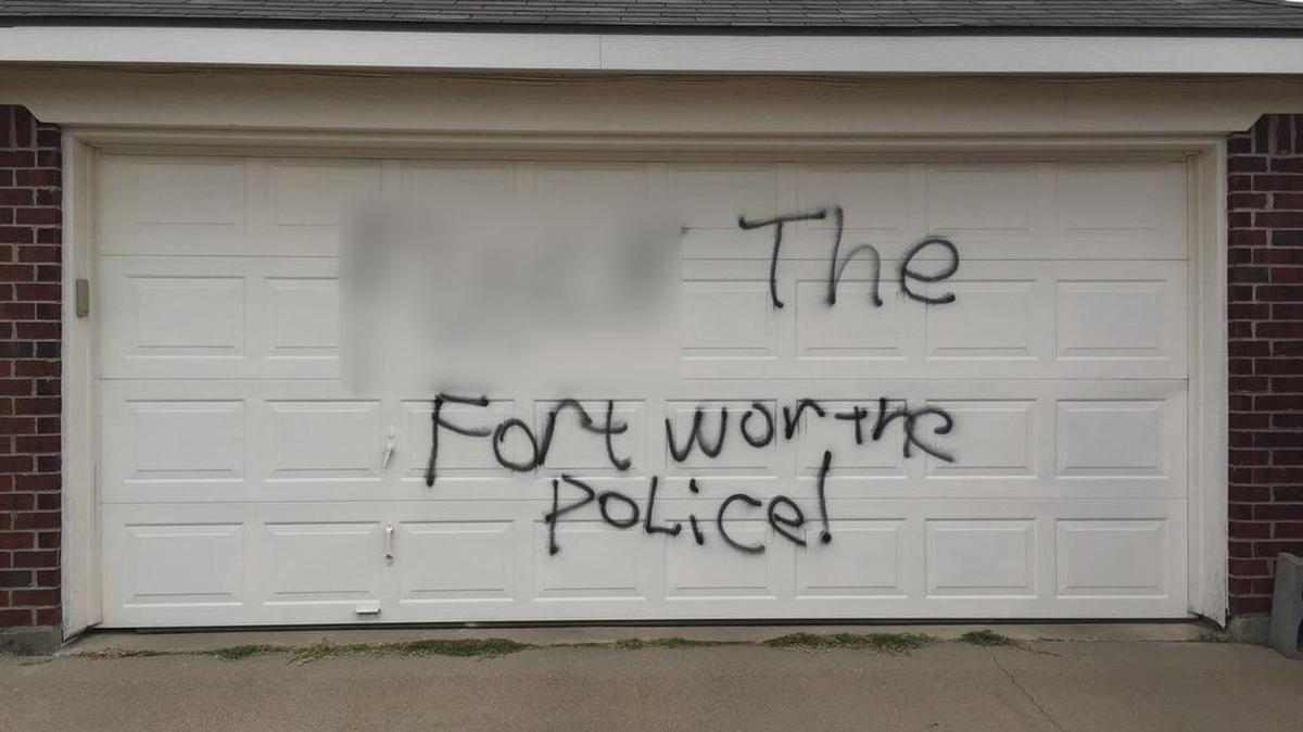 Anti-Fort Worth Police Department graffiti in west Fort Worth Chapel Creek subdivision.