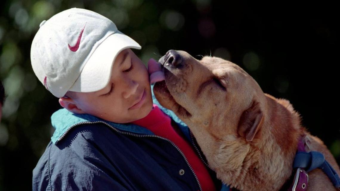 In this 1997 photo, a 14-year-old Patrick Zamarripa gets a kiss from “Bonnie” in Fort Worth.