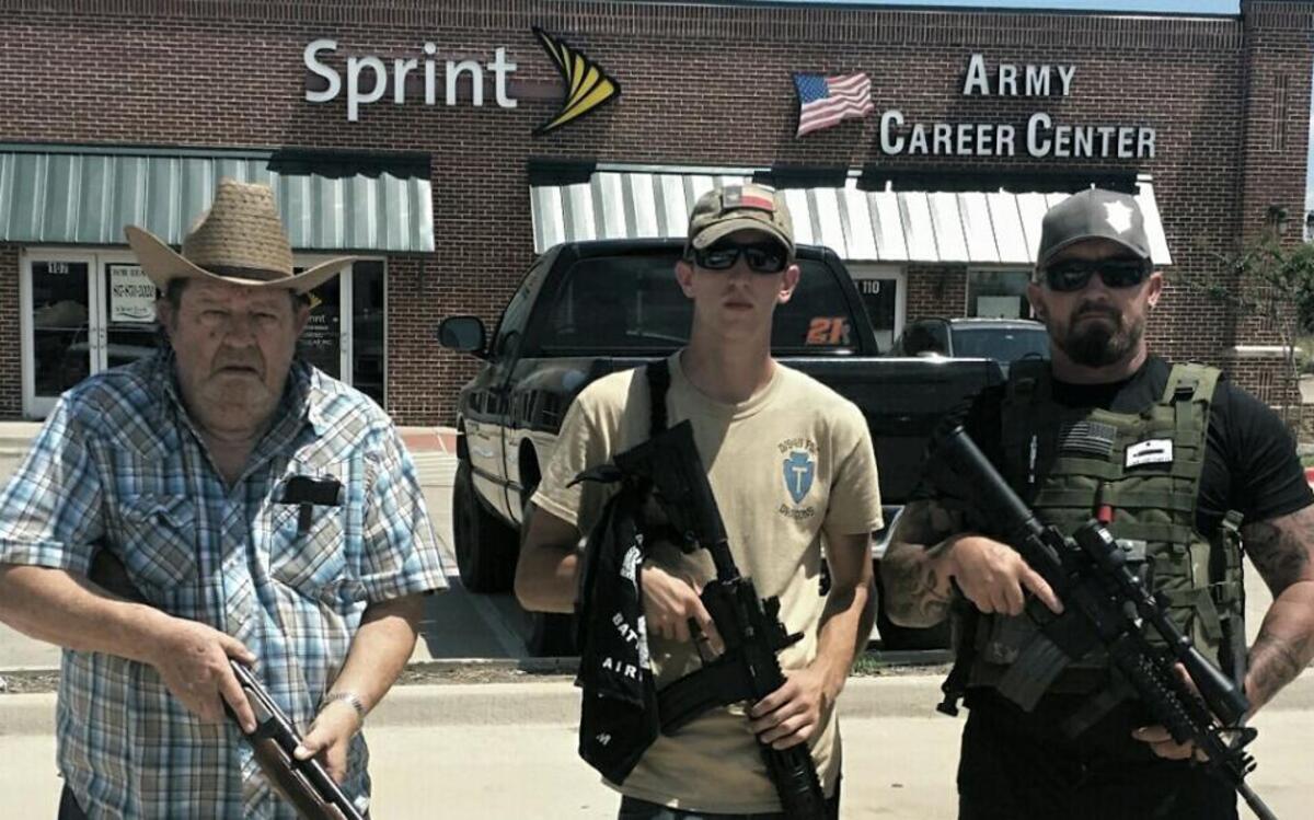 
A three-man contingent from the Cleburne Operation Hero Guard stationed themselves in Burleson on Wednesday to protect an Army recruiting office. From left: Hoyte Logan, Tyler Pinkston and Jerry Blakeney.
