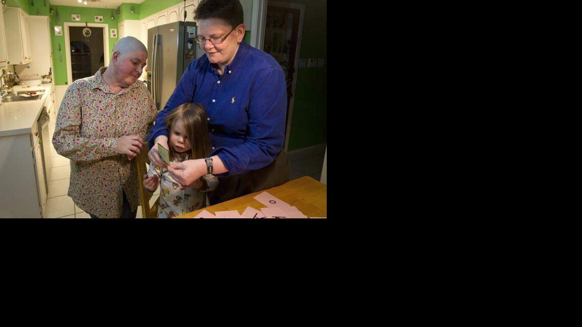 
Caren Wooldridge and Phoebe DeSantis, at home with their son Max on Wednesday, March 4, 2015. 
