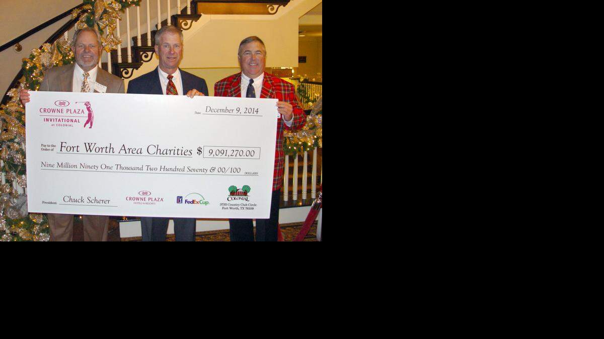 
Crowne Plaza Invitational at Colonial raised a record $9 million in charity dollars this year. Some of that money was distributed to local charities at an annual breakfast at Colonial Country Club in Fort Worth. Pictured from left to right are Chuck Scherer, Mark Woolf and Bobby Patton.
