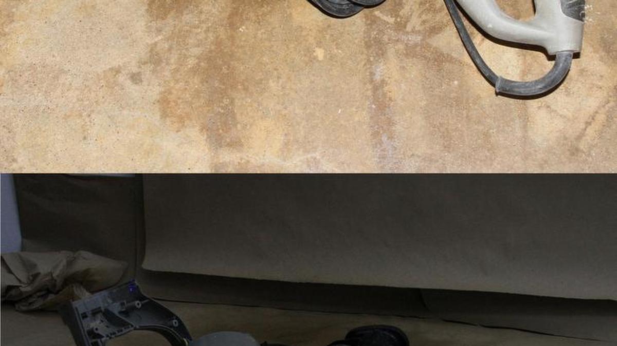 The saw that authorities believe was used to dismember a man killed by members of the Aryan Brotherhood. The bottom photo shows the saw after it had been taken apart and sprayed with a chemical that marks blood and other fluids.