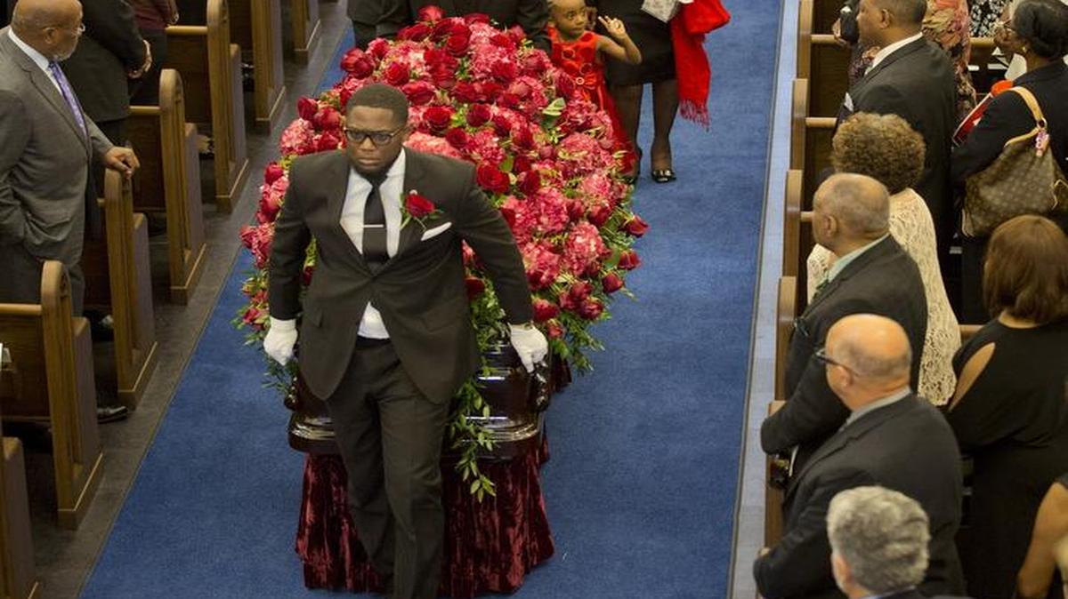 
Family members follow the casket after the funeral for Erma Johnson Hadley, the first female and African-American chancellor of Tarrant County College, at Broadway Baptist Church in Fort Worth on Saturday.
