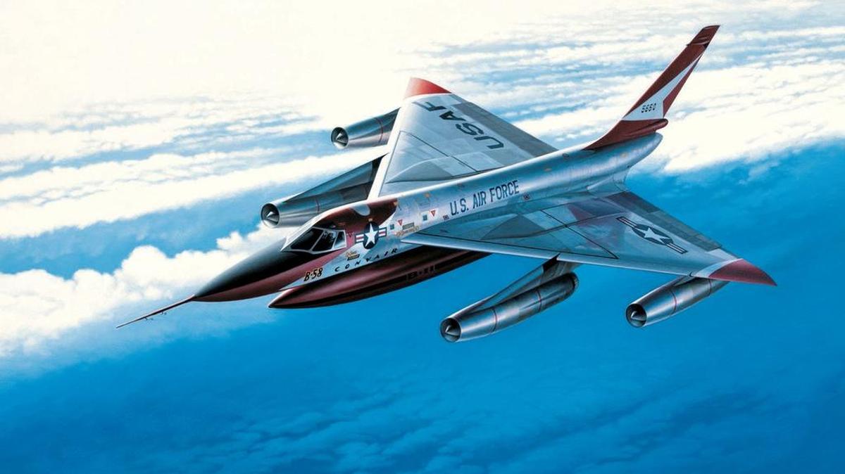 Photo of an Eddie Moore painting of a Convair B-58 bomber.