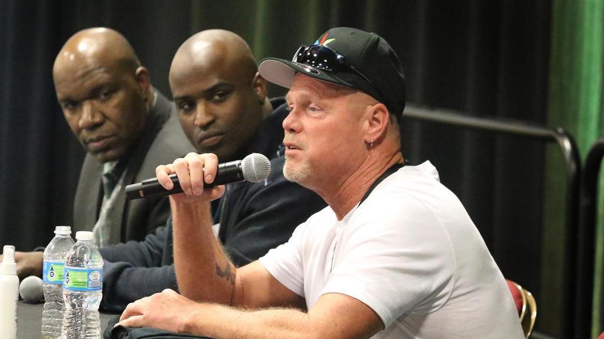From left, former football players Marvin Washington, Ricky Williams, and Jim McMahon discussed cannabis in the NFL on a panel at the Southwest Cannabis Conference and Expo at the convention center in Fort Worth Sunday.