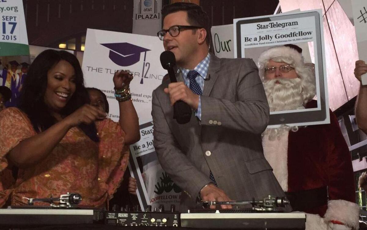 
From left, DJ Spinderella of the group Salt n Pepa, Ron Corning of WFAA’s News 8 Daybreak and Santa Claus, a.k.a. Star-Telegram Advertising Director Rod McLain, were at a North Texas Day of Giving rally at Victory Plaza in Dallas early Thursday, Sept. 17, 2015. McLain and other Star-Telegram employees represented the Goodfellow Fund
