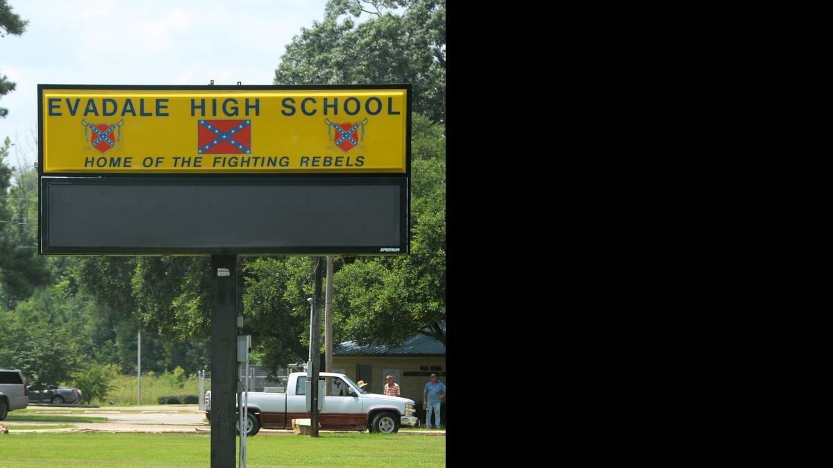 
In Southeast Texas, Evadale’s High School’s marquee contains the Confederate flag.
