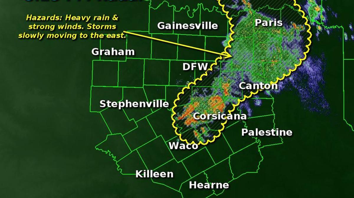 Storms moved through the DFW area to the east Sunday.