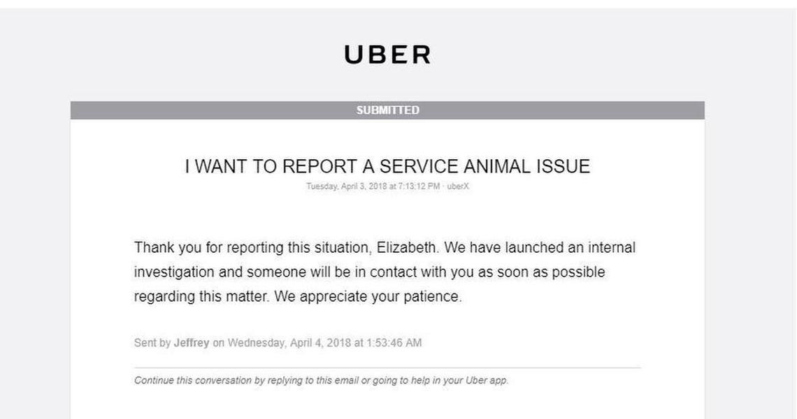 Uber’s preliminary response to Liz Campbell’s complaint that she was denied a ride using the platform Tuesday night because she travels with a service dog.