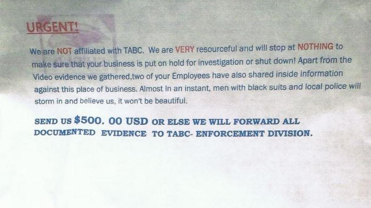 An example of an extortion letter sent to a local retailer.