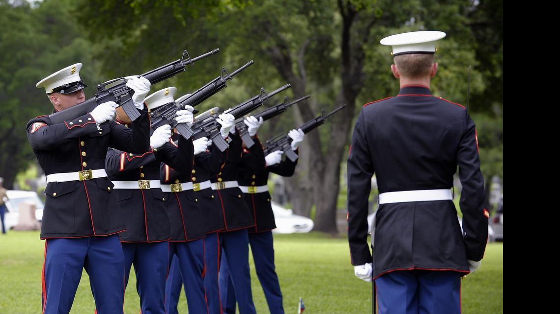 
Volleys were fired by Marine Air Group 41 from Naval Air Station Fort Worth at Monday’s Memorial Day service at Greenwood Memorial Park. 

