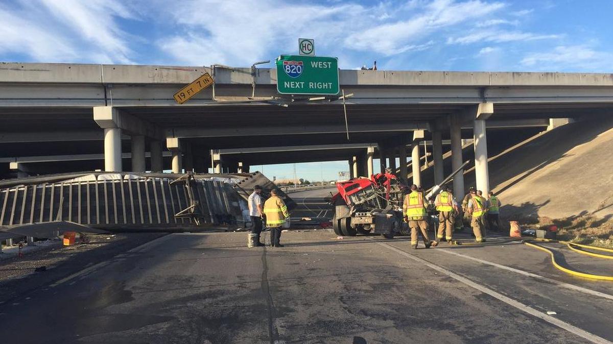 The scene on North Main Street at Loop 820 after a tractor-trailer accident.