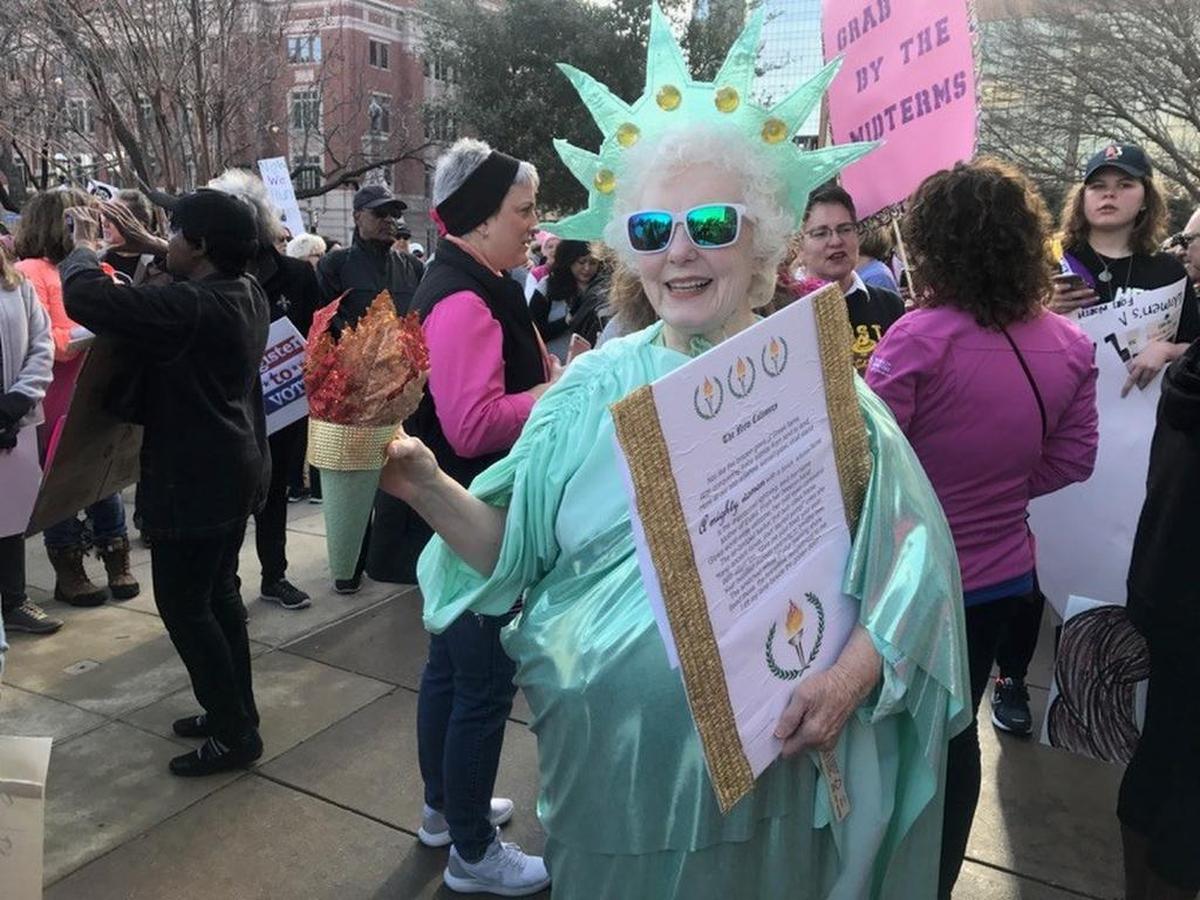 Kathleen Stewart dressed up as the Statue of Liberty to be part of this year’s Women’s March in downtown Fort Worth.
