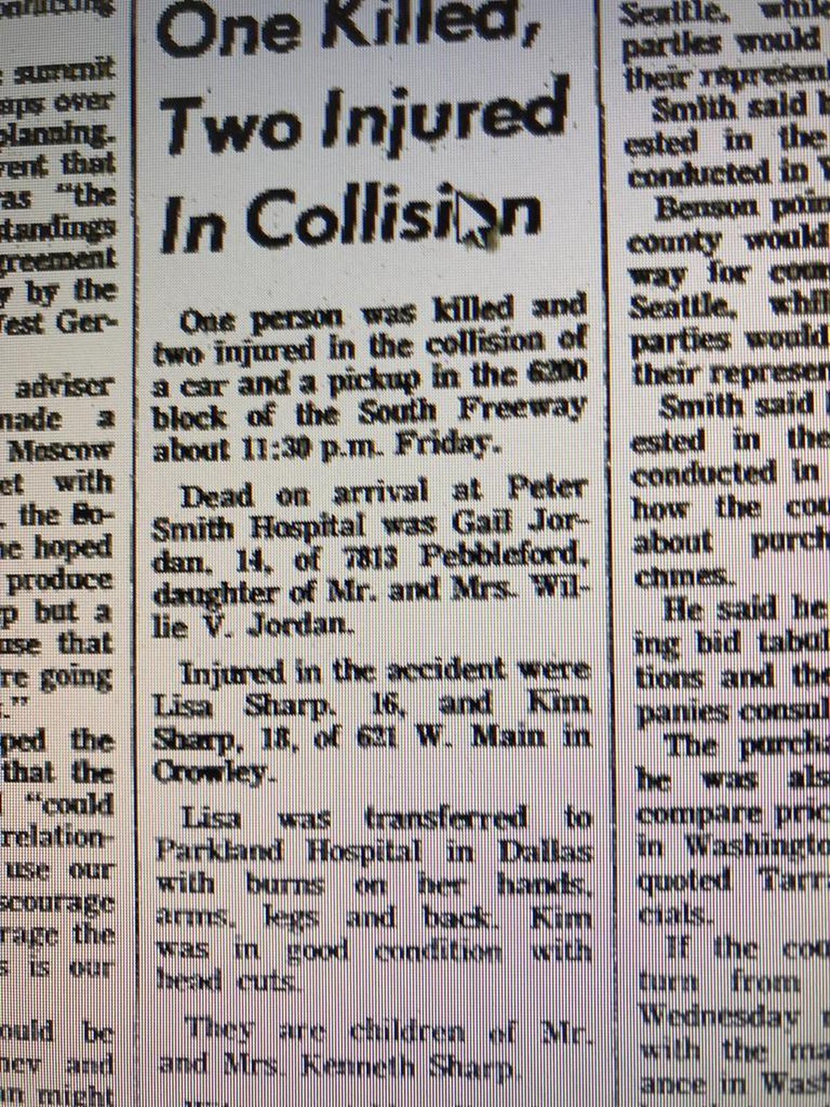 A photo of the Star-Telegram story from May 20, 1972, details the crash involving Gail Jordan.