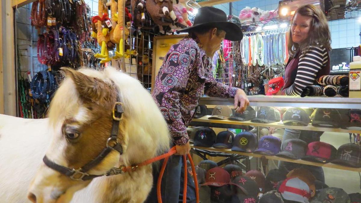 Shop worker Leigha Gilsdorf chats with James Milan and Cowboy at Texas Equine Mercantile in the Burnett Building at the Fort Worth Stock Show.