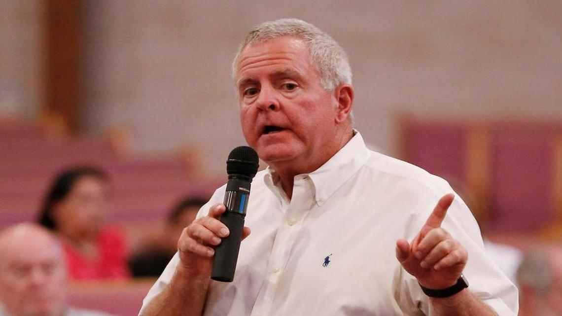 Dan McDonald speaks at the Genesis United Methodist Church about his mass lawsuit against Chesapeake Energy in August 2014.