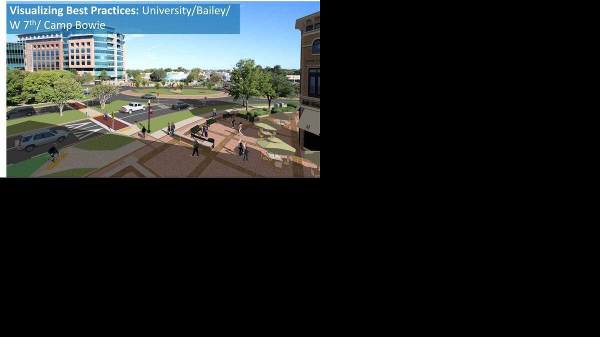 
A rendering of what the intersection of University Drive, Bailey Avenue, West Seventh Street and Camp Bowie Boulevard at the West Seventh Urban Village could look like as a roundabout. Dan Burden, co-founder of the Walkable and Livable Communities Institute based in Washington state and a consultant to the Blue Zones Project - Fort Worth, presented the results of eight walking audits conducted throughout Fort Worth to the City Council members, and called for policy changes in how the city is built. 
